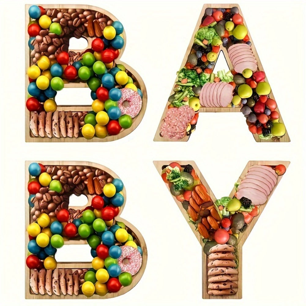 Baby Shower Charcuterie Board Set – 4-Piece BABY Letter Shaped Wooden Serving Tray, Bamboo Snack Platter for Gender Reveal, Birthday Party, Cake & Cookie Display