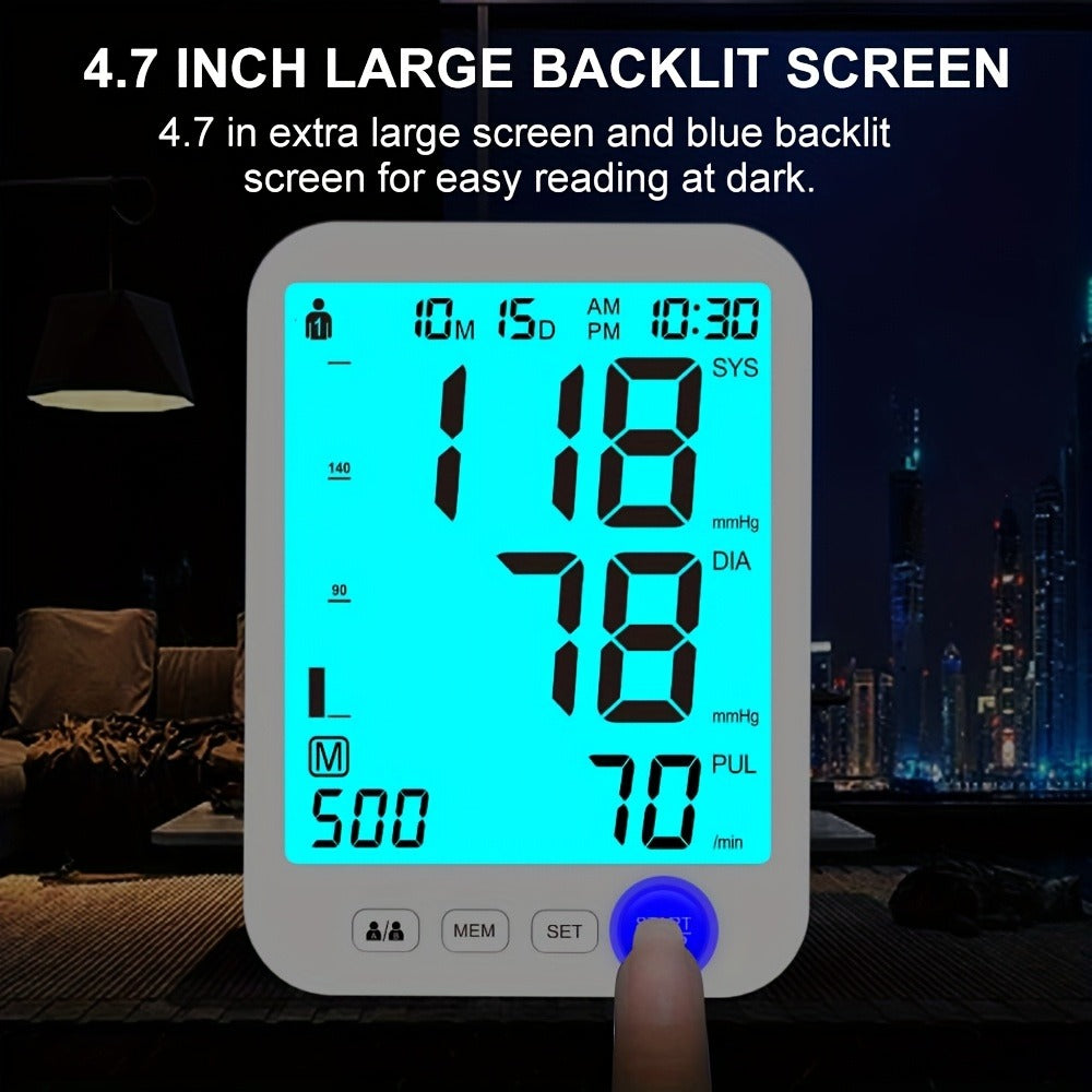 Upper Arm Blood Pressure Monitor Automatic – Large LED Backlit Screen, Extra-Large Cuff, 1000-Reading Memory for 2 Users, One-Button BP Machine for Home Hypertension Management