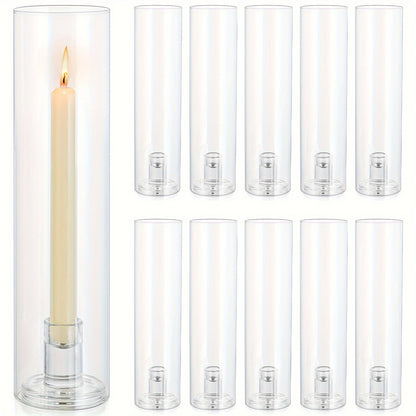 Hurricane Glass Candle Holders for Taper Candles | 11.8 Inch Tall Clear Cylinder Windproof Candlestick Stand for Wedding, Party, Christmas, Halloween & Home Decor - 2pcs / 10pcs Set
