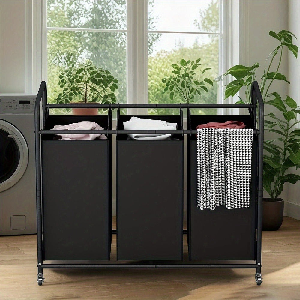 3-Bag Laundry Sorter Cart 63.4 Gallon – Rolling Hamper with Lockable Wheels & Removable Bags, Heavy-Duty Fabric Laundry Basket for Bedroom & Laundry Room, Black Gray Beige Brown