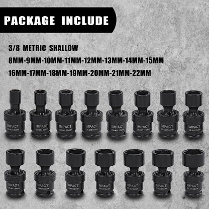 Impact Socket Set 3/8" Drive, 15-Piece Swivel Impact Universal Socket Set & 17+1 Piece Accessory Set, 8mm-22mm Cr-Mo Steel with Black Phosphate Finish, Professional Tool Kit for Home & Auto Repair