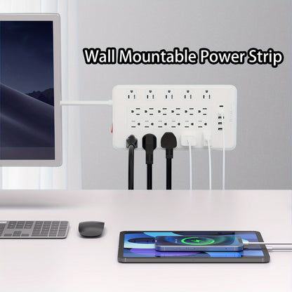 Surge Protector Power Strip with USB C Ports 22 AC Outlets 5 USB Ports - 6ft Flat Plug Extension Cord PD 20W Fast Charging 1875W 15A - Heavy Duty Wall Mount Under Desk Power Strip White