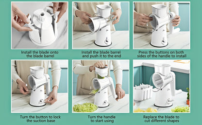 Rotary Cheese Grater with Interchangeable Blades – 5-in-1 Manual Vegetable Slicer Shredder Set, Suction Cup Base, Easy to Clean, Multifunctional Kitchen Tool for Fruits, Vegetables & Nuts