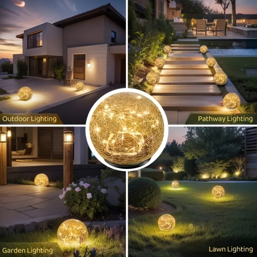 Solar Garden Lights Cracked Glass Ball – LED Outdoor Decorative Solar Lawn Lights IP44 Waterproof with Ground Stake for Garden, Yard, Pathway & Lawn – Set of 2 or 4