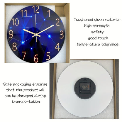 Modern Blue Glass Wall Clock Silent Non-Ticking Quartz Movement Battery Operated Tempered Glass Large Wall Clock for Living Room Bedroom Office Home Decor Gift