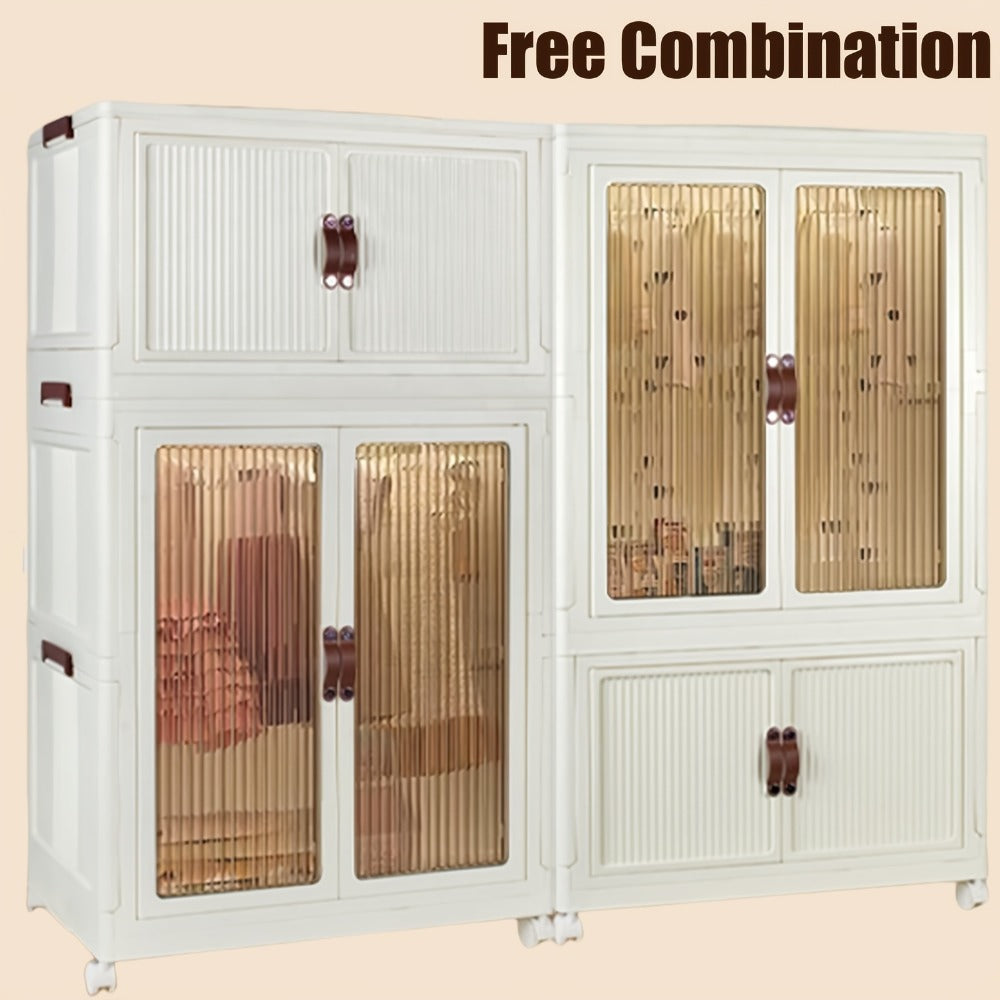 Portable Closet Wardrobe with Wheels & Hanging Rod – Foldable Clothes Cabinet with Doors, 10 Hangers, Stackable Storage Bins, 70 GAL Collapsible Plastic Wardrobe Organizer