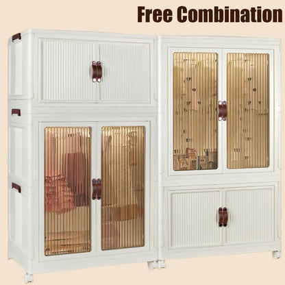 Portable Closet Wardrobe with Wheels & Hanging Rod – Foldable Clothes Cabinet with Doors, 10 Hangers, Stackable Storage Bins, 70 GAL Collapsible Plastic Wardrobe Organizer