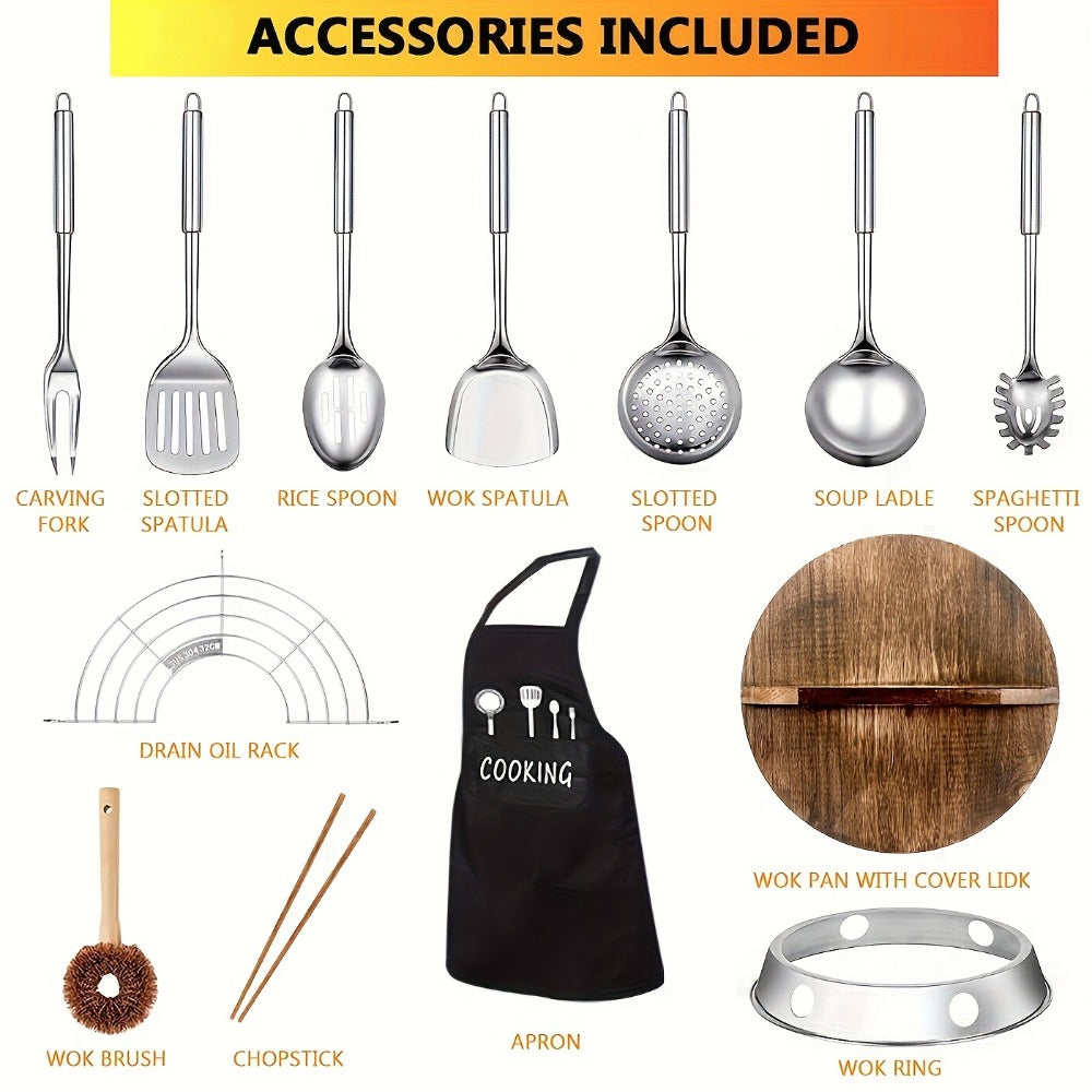 Carbon Steel Wok Set with Lid & Accessories – 14-Piece Non-Stick Stir Fry Pan 12.6" for Gas Electric Induction All Stoves | Wok Pan with Spatula Brush Ring Utensils Kitchen Cooking Set
