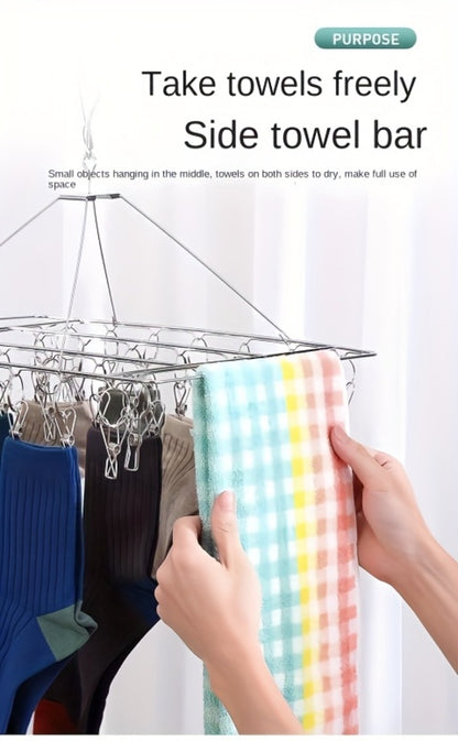Clothes Drying Rack with Clips Stainless Steel Laundry Hanger Windproof Skidproof Multi-Clip Sock Underwear Dryer for Home Bedroom Balcony – 30/40/50 Clips