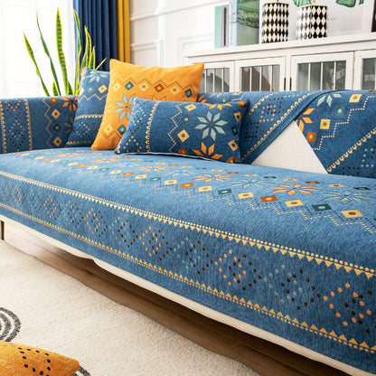 Bohemian Chenille Sofa Cover | Geometric Print Non-Slip Couch Slipcover, Thick Plush Boho Style, 1 to 4 Seat, Armrest & Backrest, Machine Washable, Sectional Sofa Protector