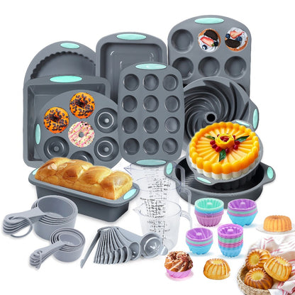 Silicone Bakeware Set with Cake Molds, Muffin Pan, Donut Pan, Baking Sheet, Baking Cups & Measuring Cups Spoons, Complete Nonstick Silicone Baking Set for Oven, 45-Piece 53-Piece or 83-Piece Options