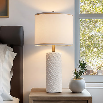 Ceramic Table Lamp – Modern Farmhouse Bedside Lamp with Drum Shade, 3 Color Temperature, Knob Switch, 9W LED Bulb Included, Rustic Nightstand Desk Light for Bedroom Living Room Office Dorm (Multiple Colors)