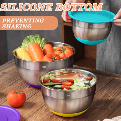 Mixing Bowls Set with Airtight Lids – 26pcs Stainless Steel Bowl Set with 3 Grater Attachments, Non-Slip Bottoms, Sizes 1–7QT – Kitchen Bowls for Mixing, Serving, Baking & Meal Prep