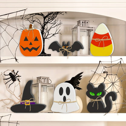 Halloween Wooden Decorations Set of 6 – Freestanding Rustic Table Signs with Pumpkin, Ghost, Bat, Black Cat, Witch Hat & Candy Corn, Farmhouse Tiered Tray & Mantle Decor