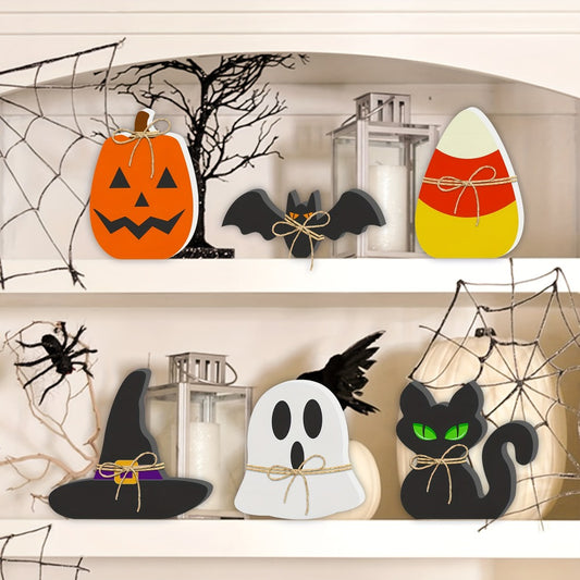 Halloween Wooden Decorations Set of 6 – Freestanding Rustic Table Signs with Pumpkin, Ghost, Bat, Black Cat, Witch Hat & Candy Corn, Farmhouse Tiered Tray & Mantle Decor