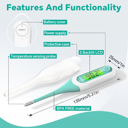 Digital Oral Thermometer for Adults & Kids – 8-Second Fast Read, Bendable Tip, 3-Color Fever Backlight, 32 Memory Records, Rectal Use for Infants, Celsius/Fahrenheit Conversion