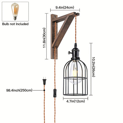 Plug In Wall Sconces Set of 2 or 1 – Rustic Farmhouse Wall Lamp with Metal Cage & Wooden Bracket, Plug-Into-Outlet Hanging Light for Bedroom, Living Room & Headboard