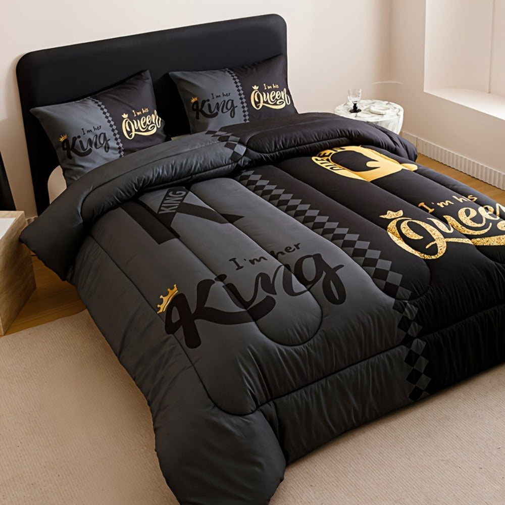 Comforter Set 3-Piece – Soft Breathable Quilt with 2 Pillowcases, Black Grey Color Block Crown Letter Print, Twin Full Queen King, 180GSM Bedroom Bedding Set