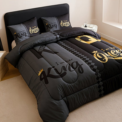 Comforter Set 3-Piece – Soft Breathable Quilt with 2 Pillowcases, Black Grey Color Block Crown Letter Print, Twin Full Queen King, 180GSM Bedroom Bedding Set