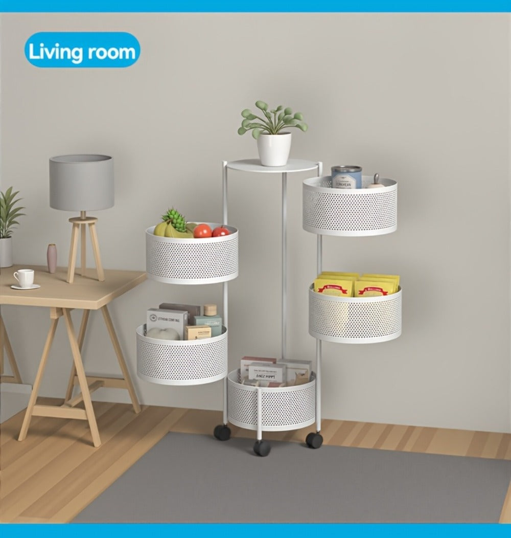 Rotating Storage Rack Multi-Tier Rolling Cart – 360° Swivel Round Floor Standing Organizer with 4 or 5 Layers, Vegetable Basket & File Rack for Kitchen, Bathroom, Office & Living Room (Black / White)