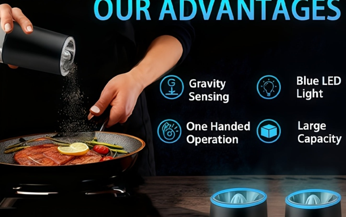 Electric Salt and Pepper Grinder Set 2PCS – Battery-Powered, LED Light, One-Handed Automatic Operation, Adjustable Coarseness