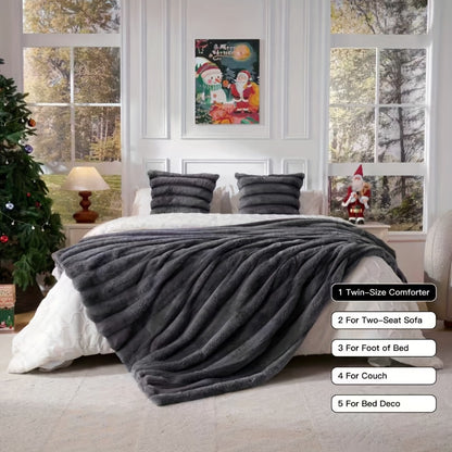 Double-Layer Faux Rabbit Fleece Blanket – 450-500gsm Thickened Soft Warm Throw for Bed, Couch & Travel, All Season, 3 Colors, 5 Sizes