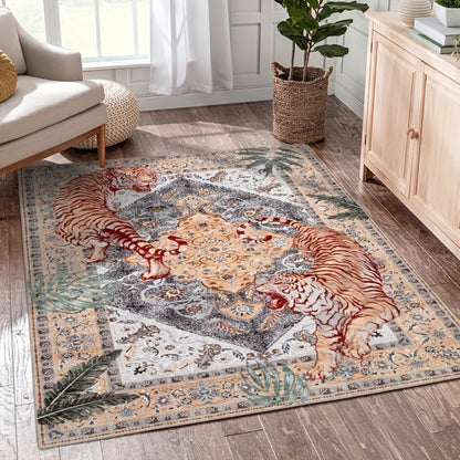 Tiger Print Rug Washable Non-Slip Area Rug - Jungle Forest Design Ultra-Thin Indoor Carpet for Living Room Bedroom Home Office, Red Green Beige, 5x7 6x9 8x10 9x12ft