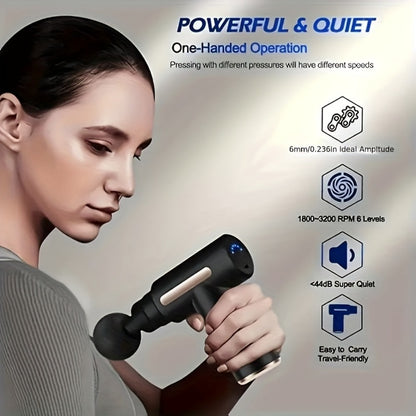 Portable Mini Fascia Gun – USB Rechargeable Muscle Massage Gun with 4 Interchangeable Heads & 6 Speed Modes, Silent Motor Deep Tissue Massager for Back, Neck & Full Body Sports Recovery