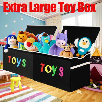 Collapsible Storage Box with Lid & Adjustable Dividers | Large Toy Chest Bin 54x16x14 Inch | Foldable Organizer for Playroom Bedroom Nursery | Boys Girls Toy Storage Box Black Dark Grey