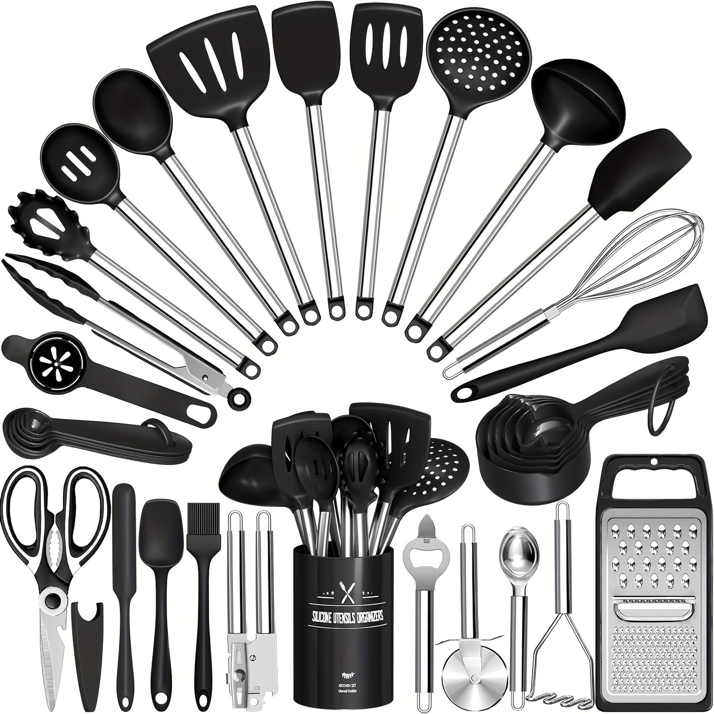 Silicone Cooking Utensils Set 34 Piece with Stainless Steel Handle, Heat Resistant Kitchen Gadgets Tools for Nonstick Cookware, Spatulas Spoons Tongs Whisk Complete Kitchen Accessories Gift Set
