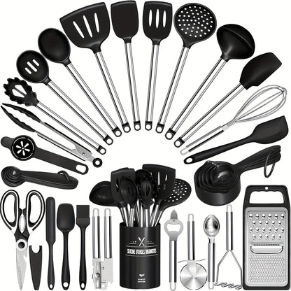 Silicone Cooking Utensils Set 34 Piece with Stainless Steel Handle, Heat Resistant Kitchen Gadgets Tools for Nonstick Cookware, Spatulas Spoons Tongs Whisk Complete Kitchen Accessories Gift Set