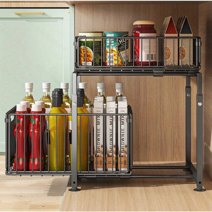 Under Sink Organizer 2-Tier Slide Out Pull Out Drawer Metal Basket Height Adjustable - Under Sink Cabinet Organizer for Kitchen Bathroom Storage, Sliding Shelf Rack for Cleaning Supplies Toiletries