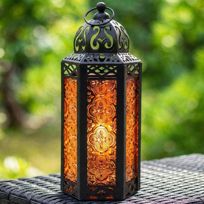 Moroccan Candle Lantern Holder - Decorative Metal & Glass Lantern with Embossed Floral Design for Indoor Home Decor, Garden, Patio, Weddings, Ramadan, Halloween & Holiday Celebrations - 10.5" Tall Medium Size