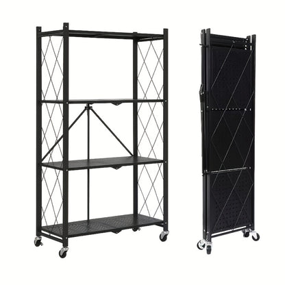 Rolling Storage Rack with Wheels 3 4 5 Tier Folding Shelving Unit No Assembly Required, Freestanding Metal Shelf Organizer for Kitchen Living Room Garage Office Basement, Black White