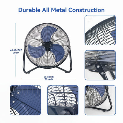 Industrial Floor Fan High Velocity 9 & 20 Inch – Metal Construction & Blades, 3-Speed Heavy Duty Fan for Industrial, Commercial & Garage Use | Silver, Black & Blue