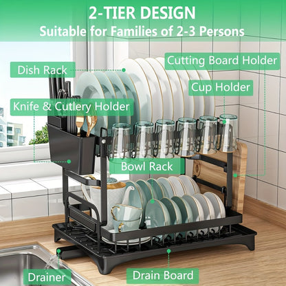 2-Tier Metal Dish Drying Rack with Drainboard – Kitchen Counter Dish Drainer Compact Countertop Drying Rack Black White Gray