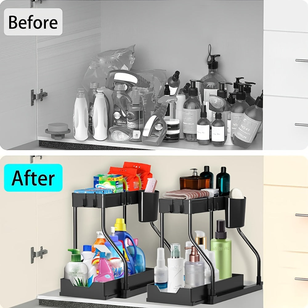 Under Sink Organizer 2pcs with Sliding Shelves – Durable Pull-Out Cabinet Storage for Bathroom Kitchen Space Saving Vertical Design