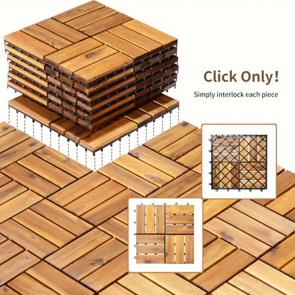 Interlocking Acacia Wood Deck Tiles 27-Pack – 12x12 Inch Oil-Finished Slat Tiles, Covers 27 Sq Ft, Tool-Free Install, for Patio, Balcony, Garden, Deck & Indoor Flooring