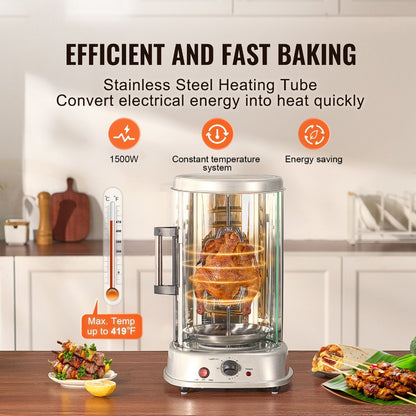 Electric Shawarma Grill Machine 20L Vertical Gyro Rotisserie Doner Kebab Maker Stainless Steel 360 Auto Rotation Timer 419°F Max Temp Multifunctional for Home Family Gatherings