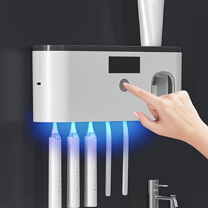 Toothbrush Holder Wall Mounted No Drill - 4-Slot Bathroom Toothbrush & Toothpaste Storage Rack, Modern Bathroom Organizer, Self-Adhesive Wall Mount, White Grey Bathroom Decor Accessories