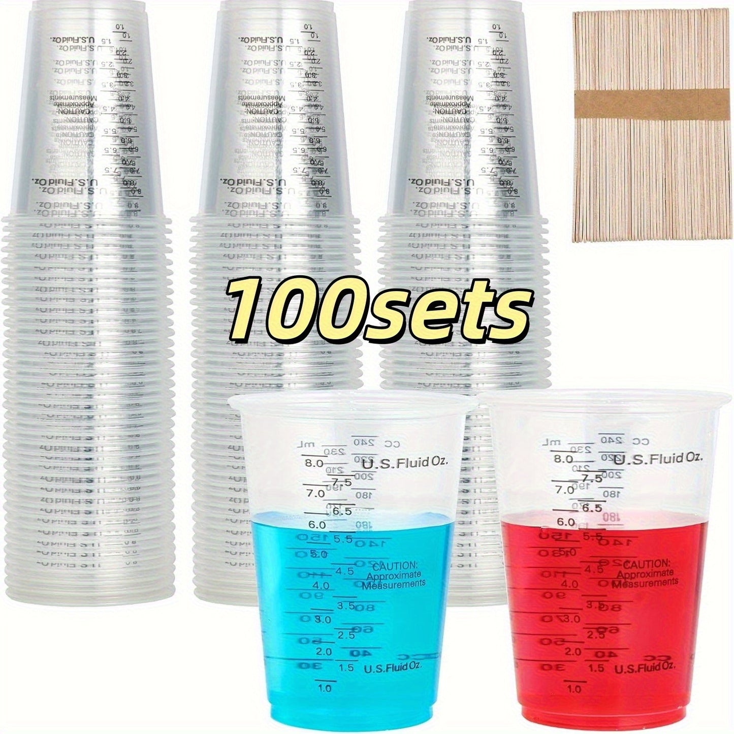 Plastic Measuring Cups with Wooden Sticks 100 Sets Clear Graduated Mixing Cups oz/ml/cc for Resin, Cooking, Baking & Epoxy – Disposable Paint Mixing Cups