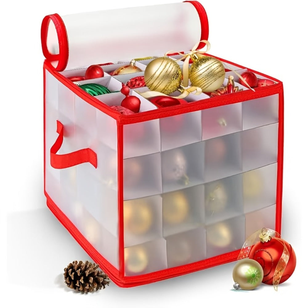 Christmas Ornament Storage Box – Holds Up to 64 Holiday Ornaments, Adjustable Dividers, Covered Lid & Dual Handles, Clear Protective Container Keeps Decorations Safe, Clean & Dust-Free