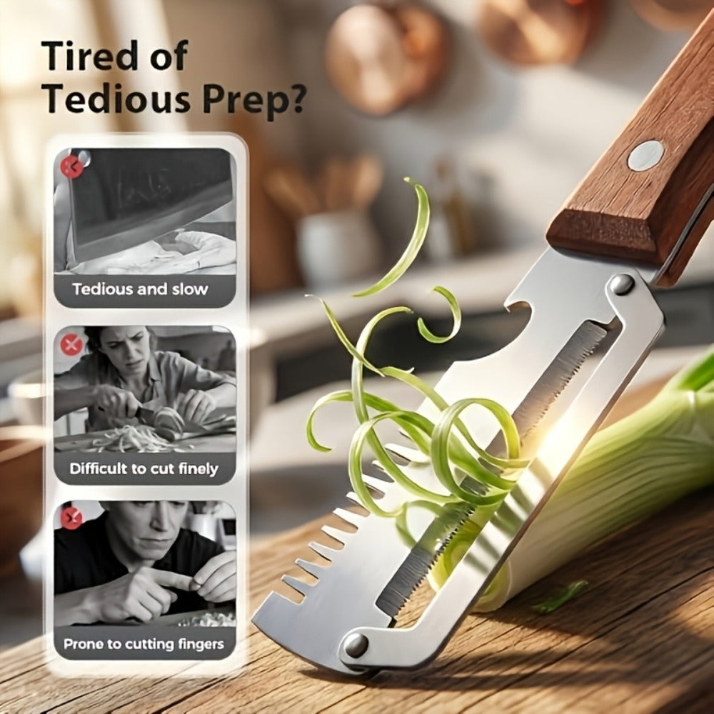 Stainless Steel Vegetable Peeler Set 2pcs – Multi-functional Kitchen Peeler with Scallion Cutter, Straight Blade, Wooden Handle & Bottle Opener