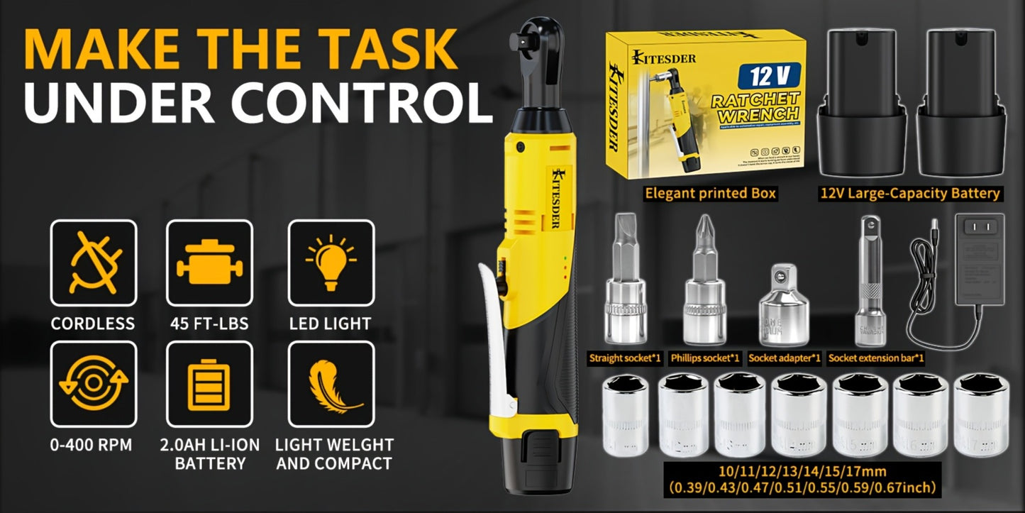 12V Electric Ratchet Wrench Set 400 RPM | 3/8" Cordless Power Ratchet Tool Kit with Variable Speed, 7 Sockets, 2.0Ah Lithium Battery & Fast Charger – Pipeline & Auto Repair