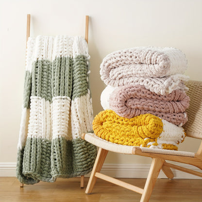 Chunky Chenille Cable Knit Throw Blanket – 350-400gsm Soft Warm Crochet Throw for Sofa, Bed & Couch, Vintage Patchwork, 14 Colors
