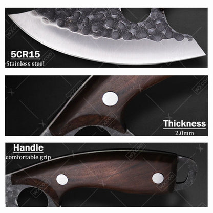 Chef Knife Set Stainless Steel, Professional Kitchen Knife Set with Boning Knife & Utility Knife, Viking BBQ Knife with Hammered Blade & Wood Handle, Multipurpose Cooking Knives for Meat Fish Vegetable
