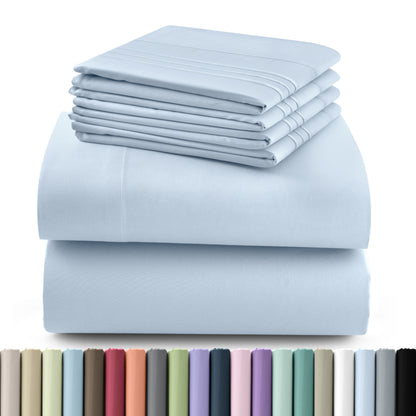 Fitted Sheet Set 6-Piece Brushed Polyester Deep Pocket Bed Sheets 20 Colors Hotel Luxury Soft Bedding with Embroidered Pillowcases