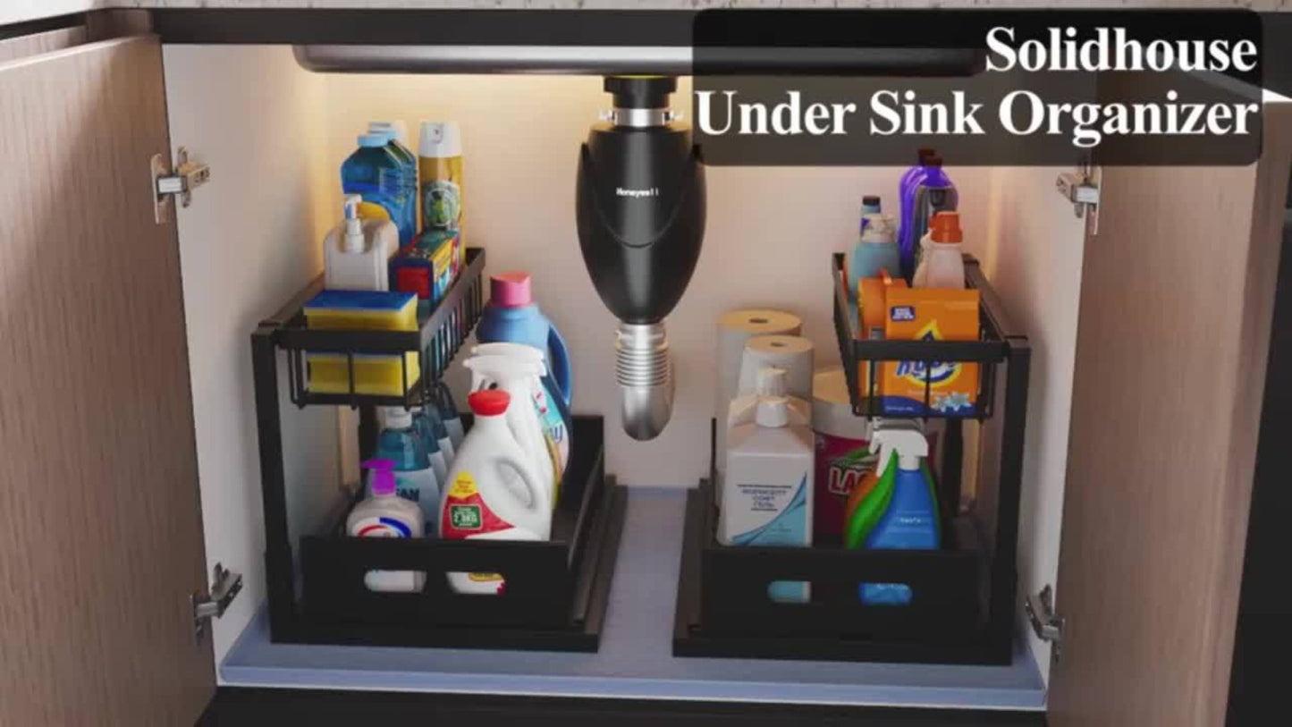 Under Sink Organizer 2-Tier Sliding Cabinet Basket with Hooks – Adjustable Bathroom Kitchen Shelf Storage Rack for Cabinets
