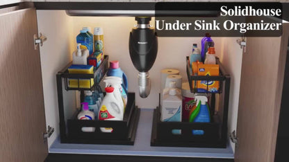 Under Sink Organizer 2-Tier Sliding Cabinet Basket with Hooks – Adjustable Bathroom Kitchen Shelf Storage Rack for Cabinets