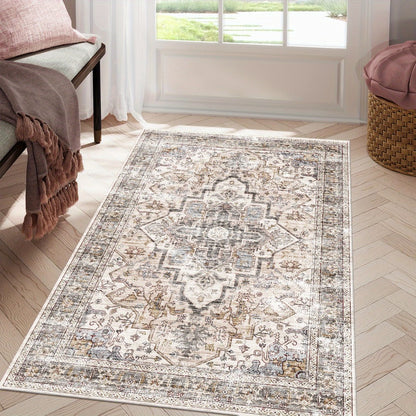Bohemian Area Rug Ultra-Soft Non-Slip Washable Retro Foldable Carpet for Living Room Bedroom in Beige and Grey Multiple Sizes